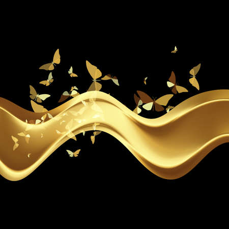 Bright shiny golden smooth wave with butterflies on a dark background. design elementのイラスト素材