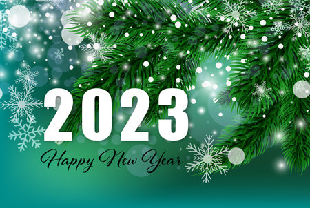 New Year winter card with snowflakes and pine branches, design card for 2023