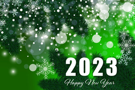 New Year winter card with snowflakes and pine branches, design card for 2023