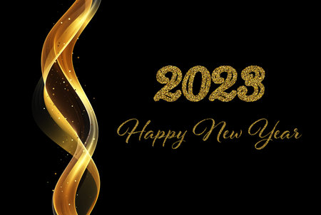 Festive background of wavy golden transparent wave with golden dust, happy new year 2023