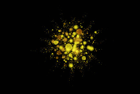 Shiny gold, gold vector dust scattering, gold dust bokeh on black background, festive magical poster designのイラスト素材