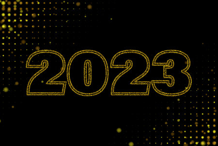 Golden dust in the form of text 2023, design for the holiday of the new year on a black backgroundのイラスト素材