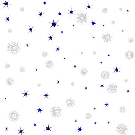 Winter background of snowflakes and decorative stars on a white background, falling decor elementsのイラスト素材