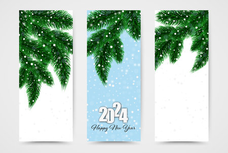 Three vertical banners with Christmas tree branches and snowflakes for the new yearのイラスト素材