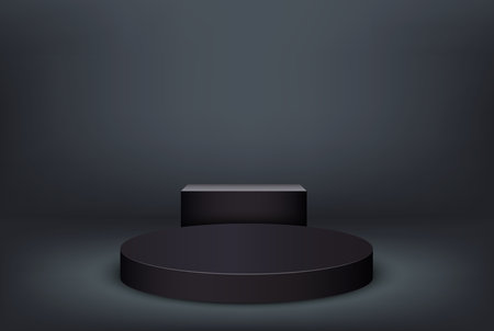 Podium round and square, stepped pedestal in dark colors on an abstract backgroundのイラスト素材