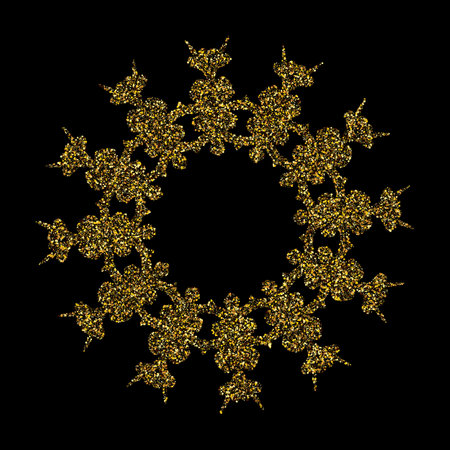 Festive banner for Christmas, frame in the form of a snowflake made of gold fine dust on a black background.のイラスト素材
