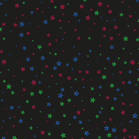 Festive beautiful joyful pattern with multicolored purple, blue, green, vector stars on a black background. Dark abstract background with blue, green, and purple stars. Beautiful holiday backgroundのイラスト素材