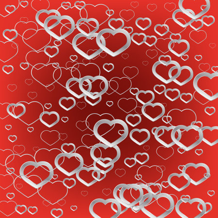 Red background with silver confetti hearts, design element. St. Valentine Day. Celebration pattern. Design for Banner.のイラスト素材