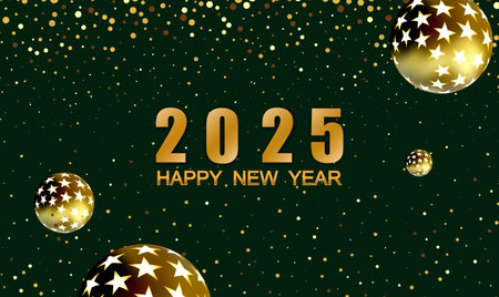 2025 greeting card with gold dust and golden balls, New Year design