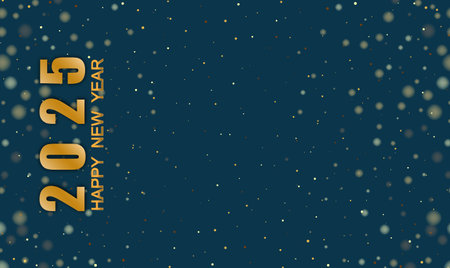2025 greeting card with gold dust and golden bokeh, New Year design on blue background