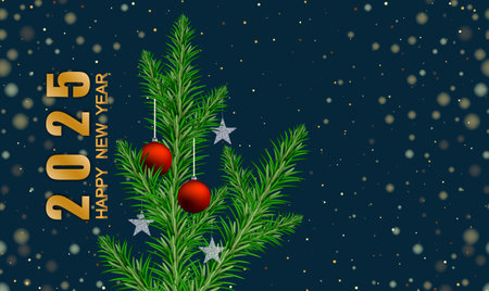 2025 greeting card with gold dust and Christmas tree branch decorated with balls, New Year design on blue backgroundのイラスト素材