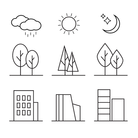 Linear landscape elements vector icons set. Line trees, flowers, bushes, water waves, cloud, stones, grass, plantのイラスト素材