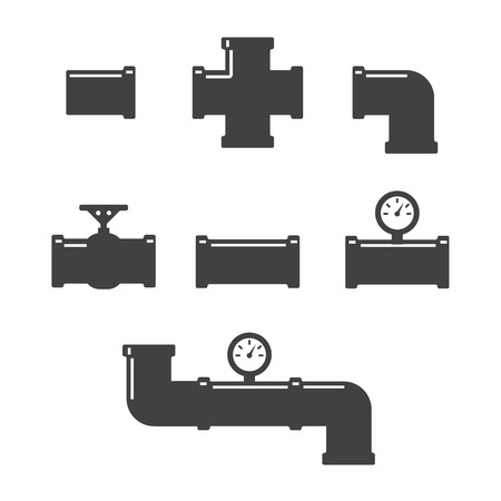 Pipe fittings vector icons set. Tube industry, construction pipeline, drain systemのイラスト素材