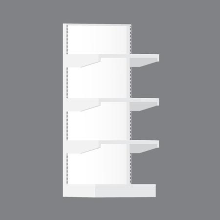 White Long Blank Empty Showcase Displays With Retail Shelves Products On White Background Isolated. Ready For Your Design. Product Packingのイラスト素材