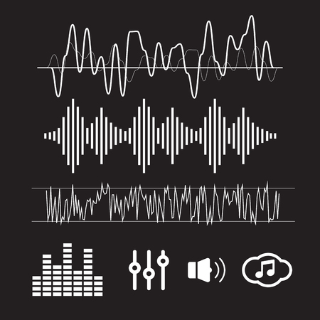 Vector Sound Waveforms. Sound waves and musical iconsのイラスト素材