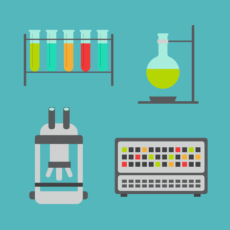 Biology flat icons. Biology laboratory workspace and science equipmentのイラスト素材