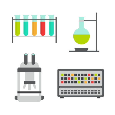 Biology flat icons. Biology laboratory workspace and science equipment vectorのイラスト素材