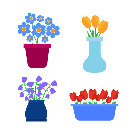 Flower pots icons. Spring flowers in pots and vases setのイラスト素材