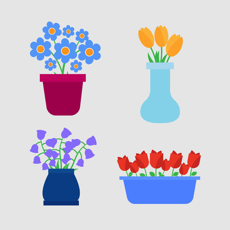 Flower pots icons. Spring flowers in pots and vases setのイラスト素材