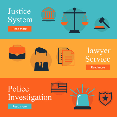 Legal services, law and order, justice vector flat concept set. Honest judge, justice system, crime investigationのイラスト素材