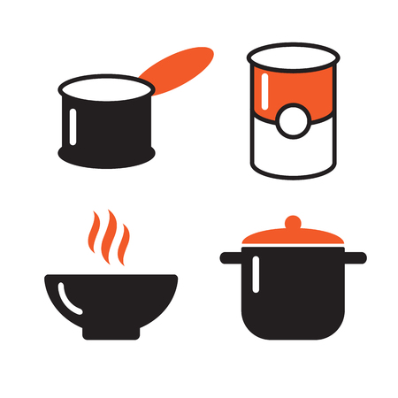 Bowl, can and pot black icons set. Soup symbols. Pot icon utensil bowl utensil, cook soupのイラスト素材