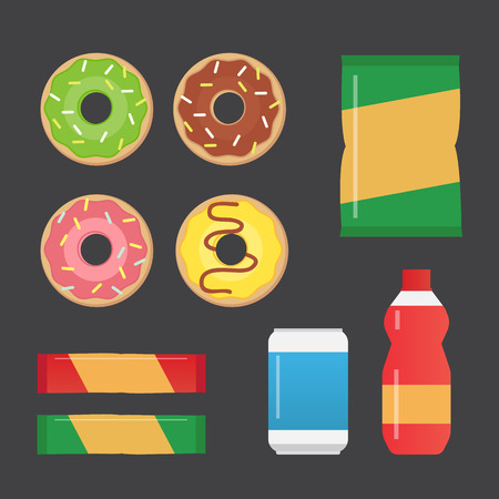 Fast food snacks and drinks flat vector icons. Vending machine products vector illustrationのイラスト素材