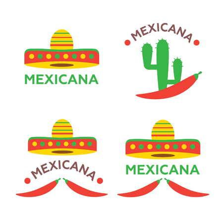 Mexican food, labels, emblems and badges set. Sombrero and tequila bottle, guitar element, vector illustration vectorのイラスト素材