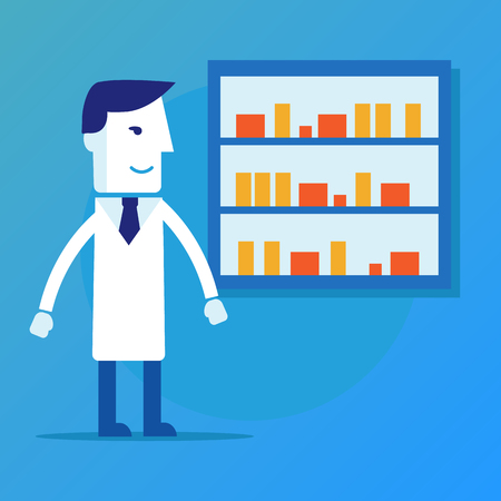 Male pharmacist in a pharmacy opposite the shelves with medicinesのイラスト素材