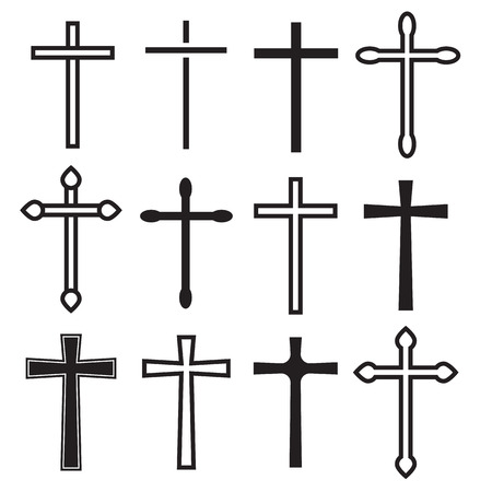 Christian cross icons. Vector line black christian crossのイラスト素材