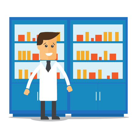 Male pharmacist in a pharmacy opposite the shelvesのイラスト素材