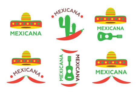 Mexican food logo, labels, emblems and badges set. Sombrero and tequila bottle, guitar element eps10のイラスト素材