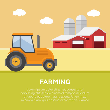 Farming background with barn, windmill, tractorのイラスト素材