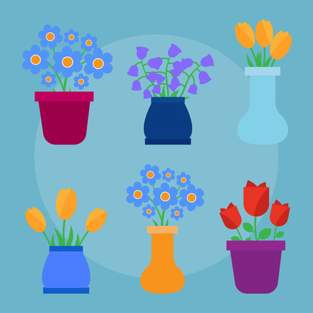 Cute spring flowers in pots vector illustrationのイラスト素材
