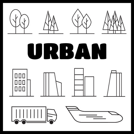 Linear landscape elements vector icons set. Line trees, flowers, urbanのイラスト素材