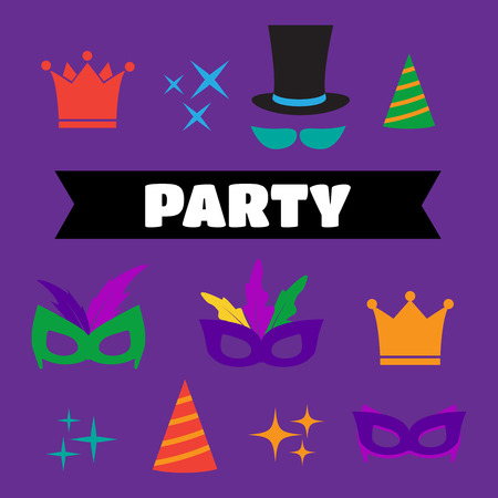 Party Birthday photo booth props. Hat and mask, costume and cylinder, bunny ears nose moustacheのイラスト素材