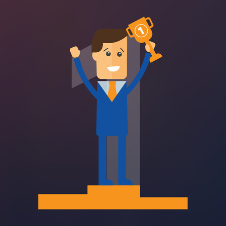 Successful business man with golden award on podiumのイラスト素材