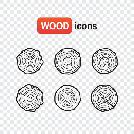 Wood icon logs. Tree rings icons, concept of saw cut runkのイラスト素材