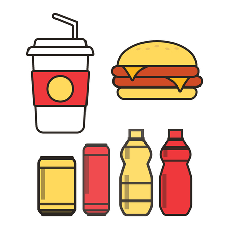 Fast food snacks and drinks flat vector icons.  Snack bag foodのイラスト素材