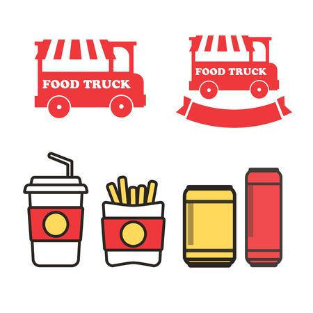 Fast food snacks and drinks flat vector icons. Fastfood icons. Snack bag vector foodのイラスト素材