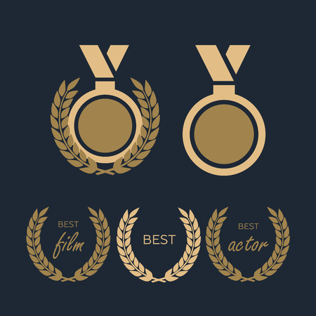 Set of award success and victory. Trophies cups ribbons rosettes medals. Winner triumph and success vector laurelのイラスト素材