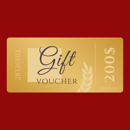 Set of elegant shiny gift voucher with golden bow, ribbon and paper shopping bag. Vector template for gift card, coupon and certificate with ornate background. Isolated from the backgroundのイラスト素材
