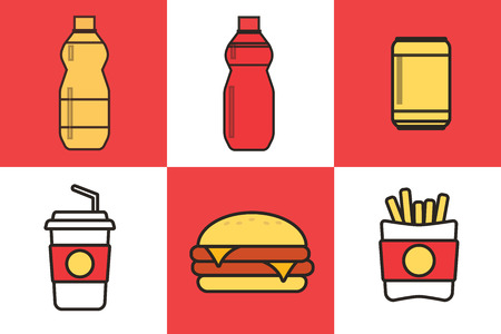 Fast food snacks and drinks flat vector icons. Fastfood icons. Snack bag vector foodのイラスト素材