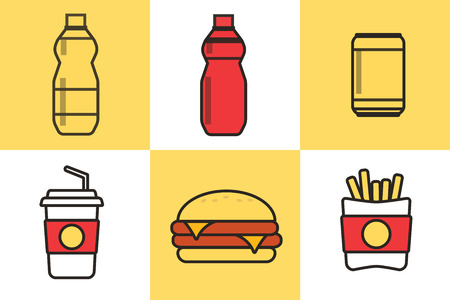 Fast food menu poster. Fast food snacks and drinks flat vector iconsのイラスト素材