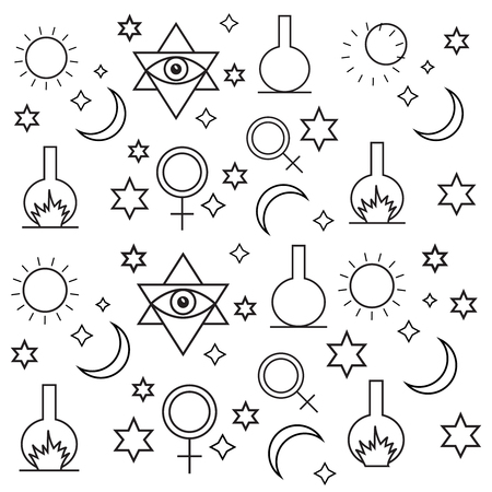 Alchemy, spirituality symbols in flat style . Alchemy art vector. Astrology vector setのイラスト素材