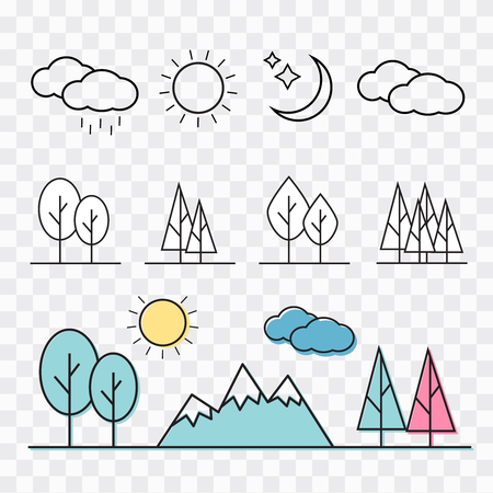 Nature landscape thin line elements icons. Nature landscape のイラスト素材