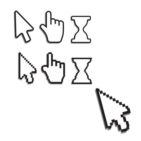Pixel cursors icons. Mouse computer cursor. Hand arrow web cursor vectorのイラスト素材