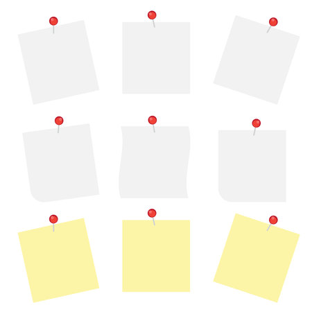 White note papers with thumbtacks vector icons. Blank paper noticesのイラスト素材