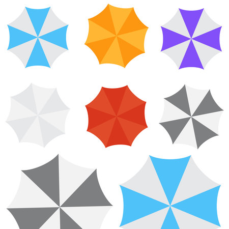 Beach sun umbrellas top view vector icons. Set of parasol with colored striped pattern illustrationのイラスト素材