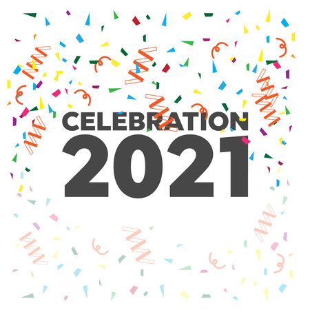 Celebration 2021. Gold glitter confetti flying vector background. Falling shiny golden confetti backgroundのイラスト素材