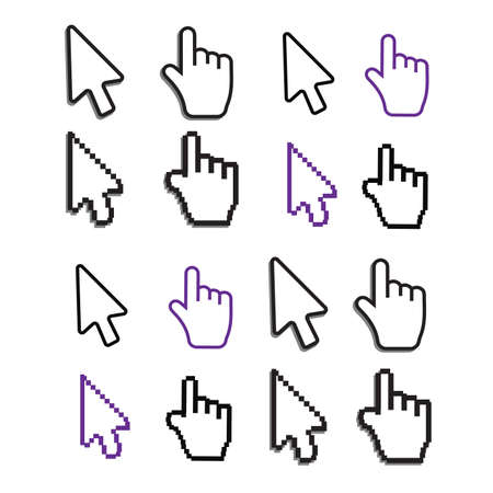 Pixel cursors icons mouse hand arrow. Mouse computer cursor. Hand arrow web cursor setのイラスト素材